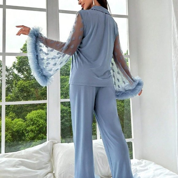 Baby Blue Cozy Womens Contrast Mesh Fuzzy Trim PJ Set - Picture 3 of 4
